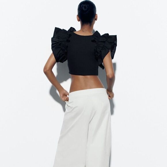 Zara contrasting ruffle sleeve crop top NWT - Picture 2 of 6